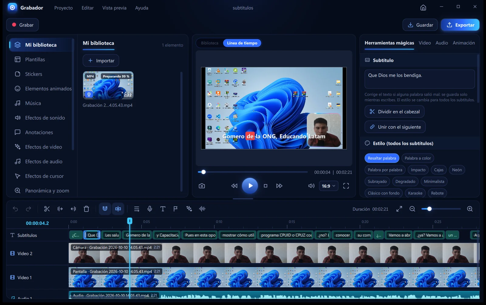 El editor de Grabador Studio con subtítulos automáticos, cámara y línea de tiempo