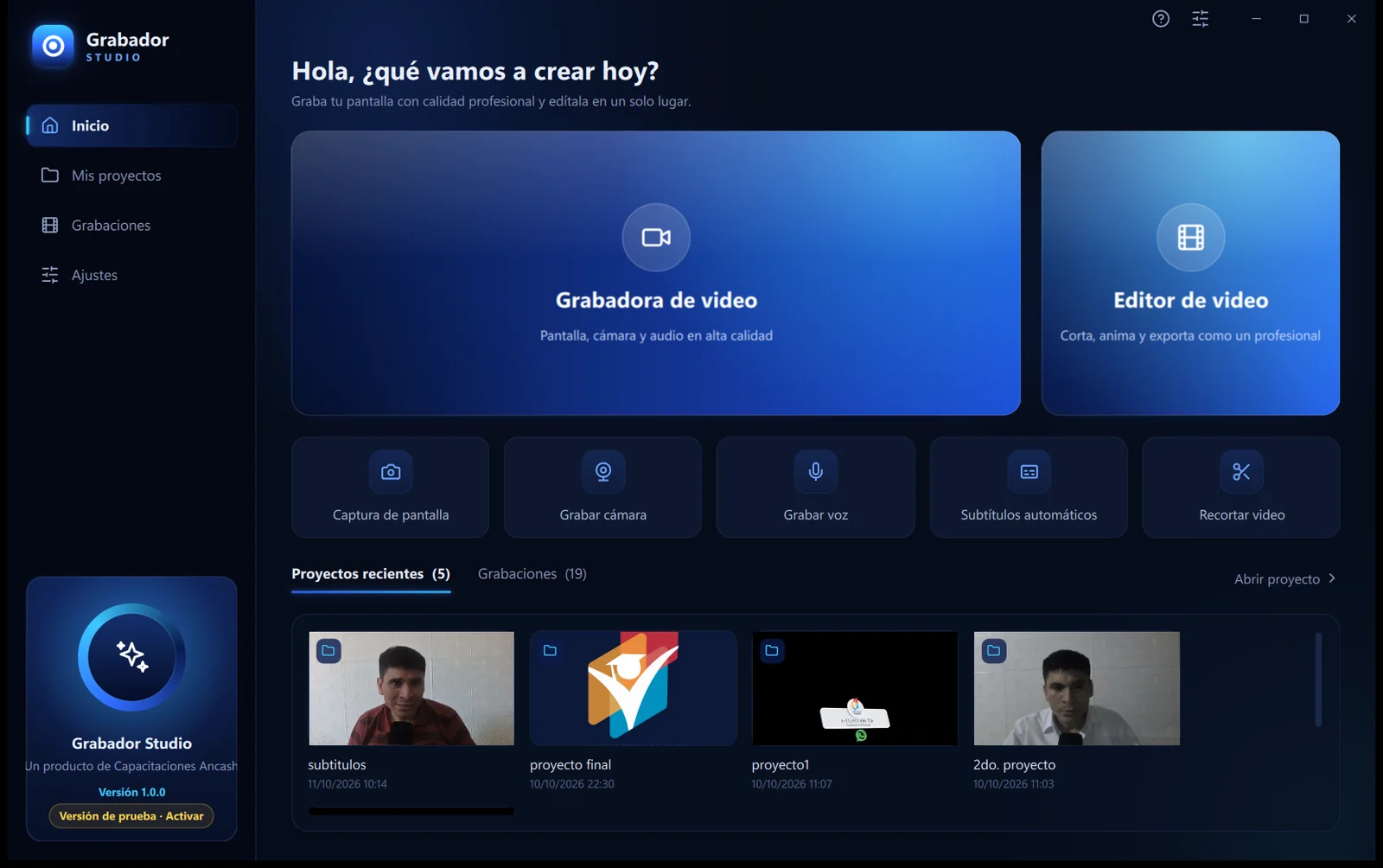 Pantalla de inicio de Grabador Studio